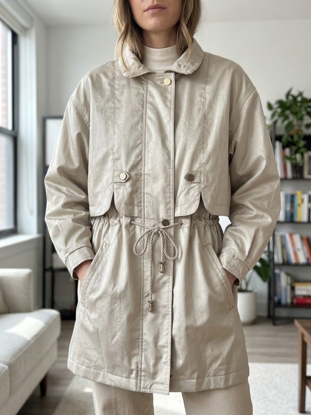 Women's Cream Drawstring Utility Jacket